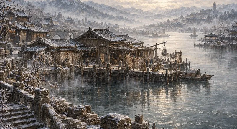 A misty lakeside town of wooden halls and piers